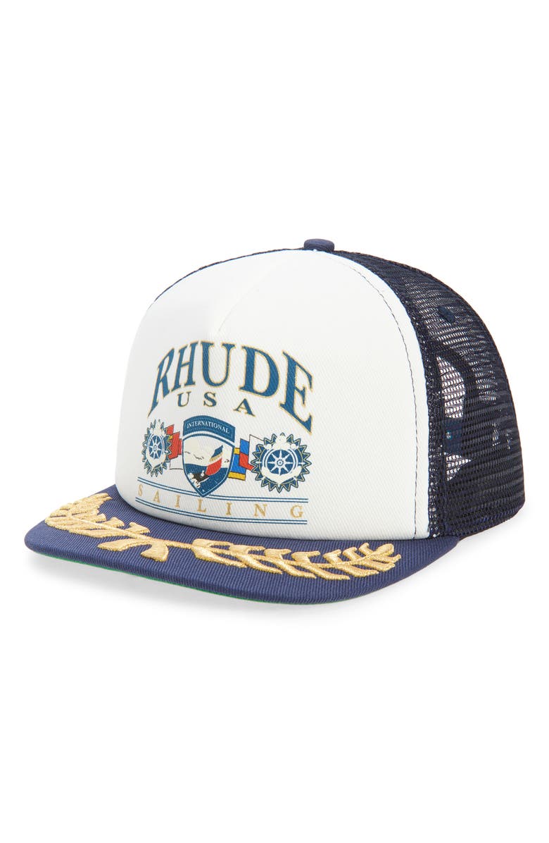 Rhude USA Sailing Icon Snapback Trucker Hat, Main, color, Navy/ White