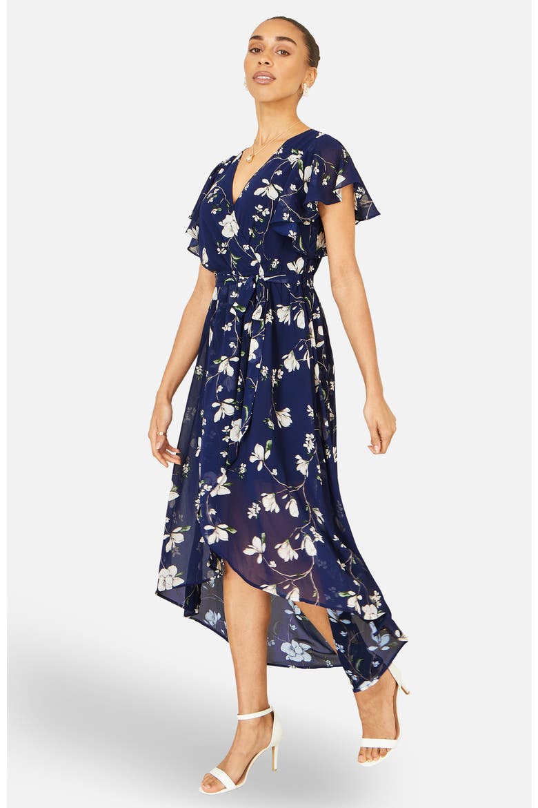 Floral Frill Hem Wrap Midi Dress, Alternate, color, Navy