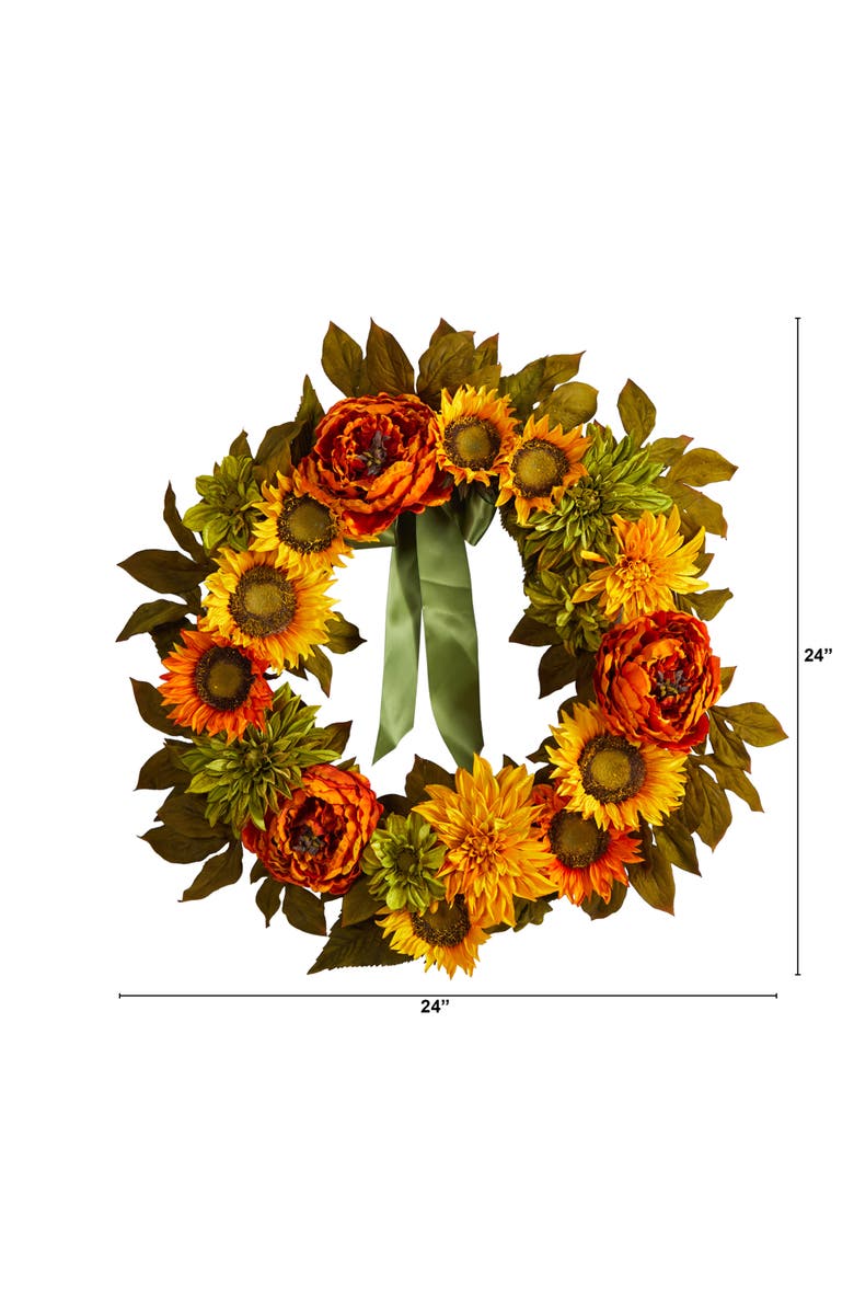 NEARLY NATURAL 24-in Peony, Dahlia and Sunflower Artificial Wreath, Alternate, color, 