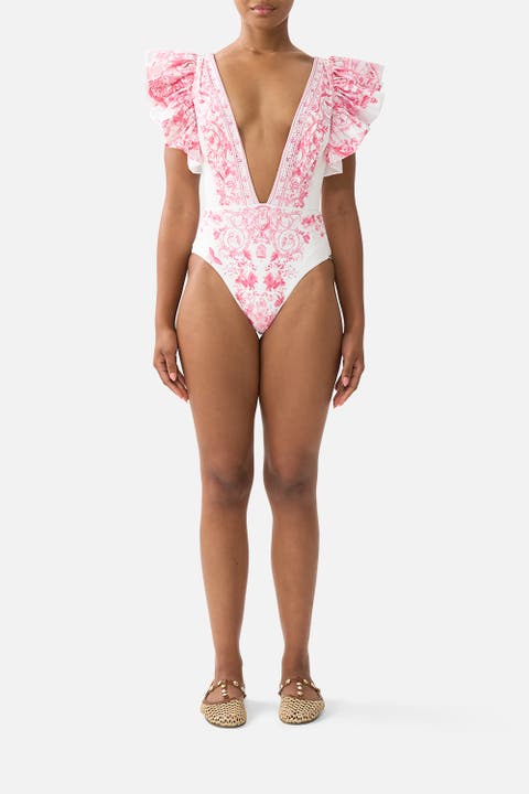 Plunge One Piece W Pleated Ruffle Sleeves