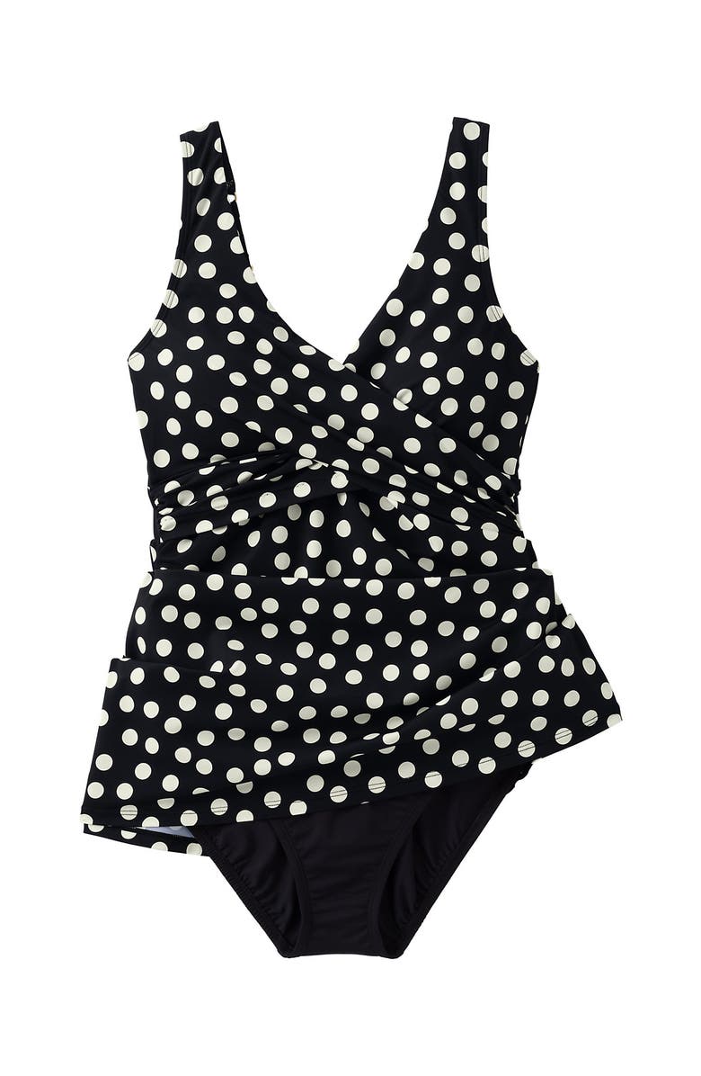 Lands' End D-Cup Slender Suit Wrap Swim Dress Swimsuit Print, Alternate, color, Black/Egret White Tossed Dots