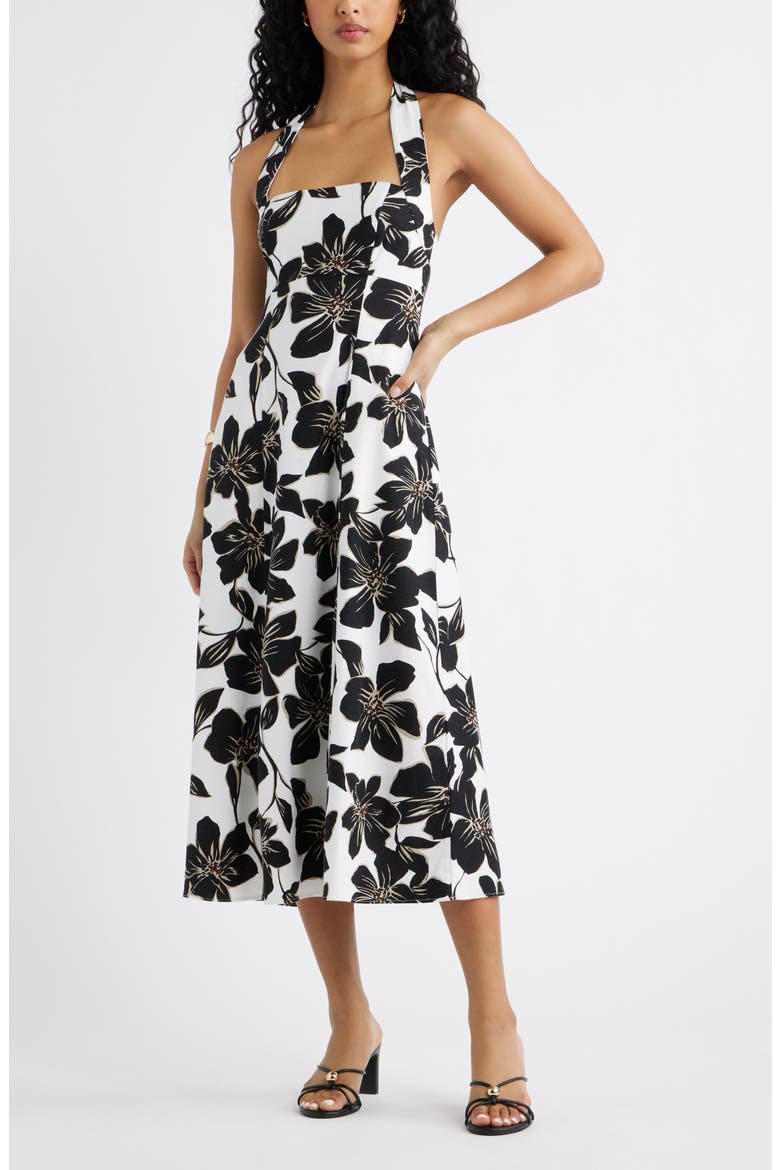 Linen Blend Halter Midi Dress, Main, color, WHITE- BLACK TROP BLOOM