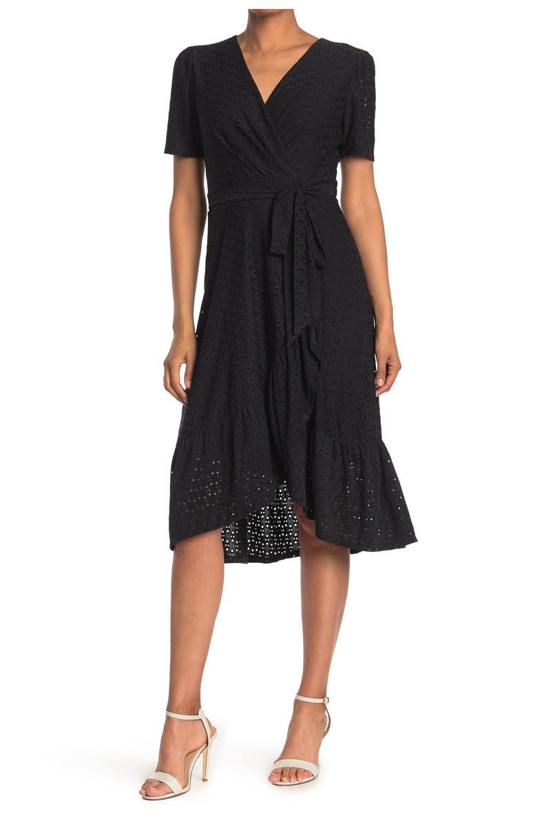 London Times Stretch Eyelet Short Sleeve Ruffle Wrap Dress, Main, color,