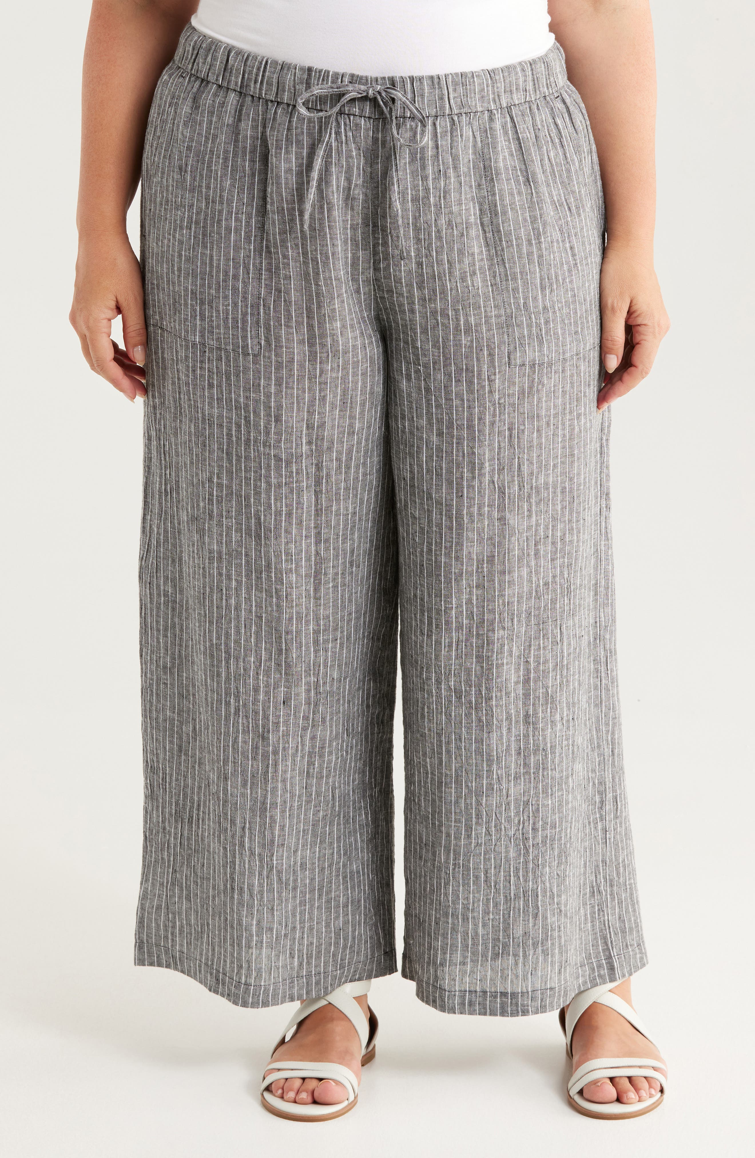 Eileen Fisher Stripe Organic Linen Crop Wide Leg Pants