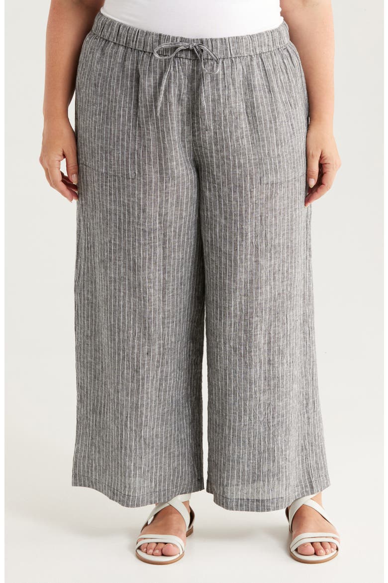Stripe Organic Linen Crop Wide Leg Pants, Main, color, BLACK/ WHITE