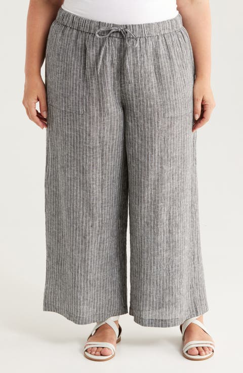 Stripe Organic Linen Crop Wide Leg Pants (Plus)