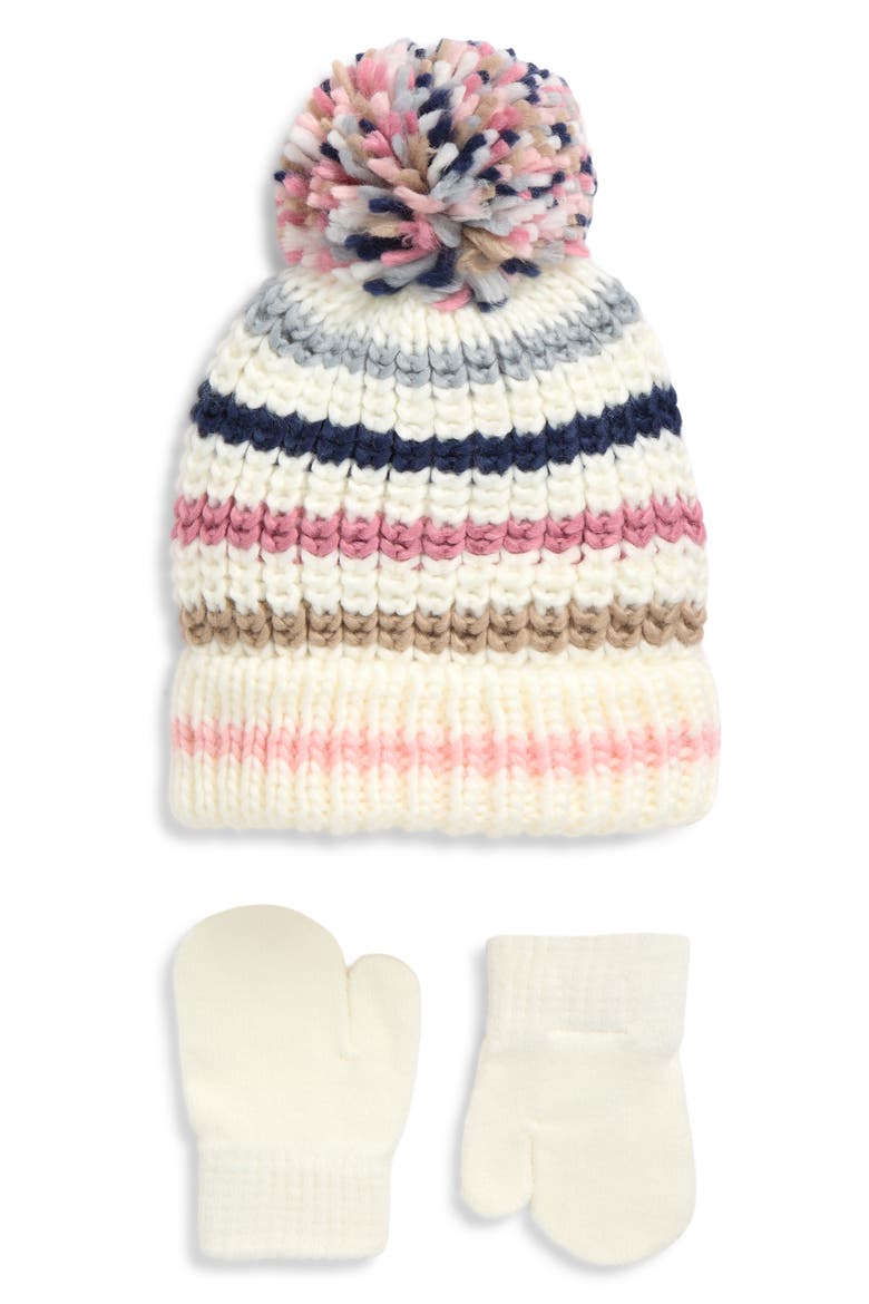 Pompom Beanie & Mittens Set, Main, color, DUSTY PINK