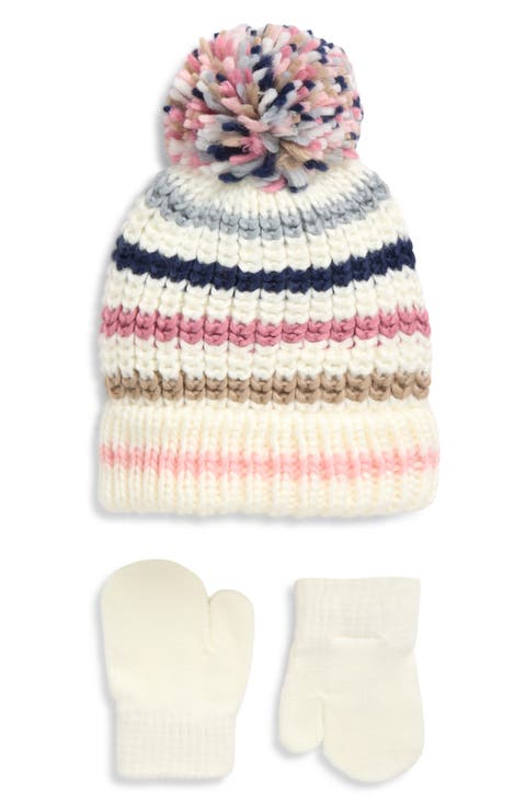 Pompom Beanie & Mittens Set