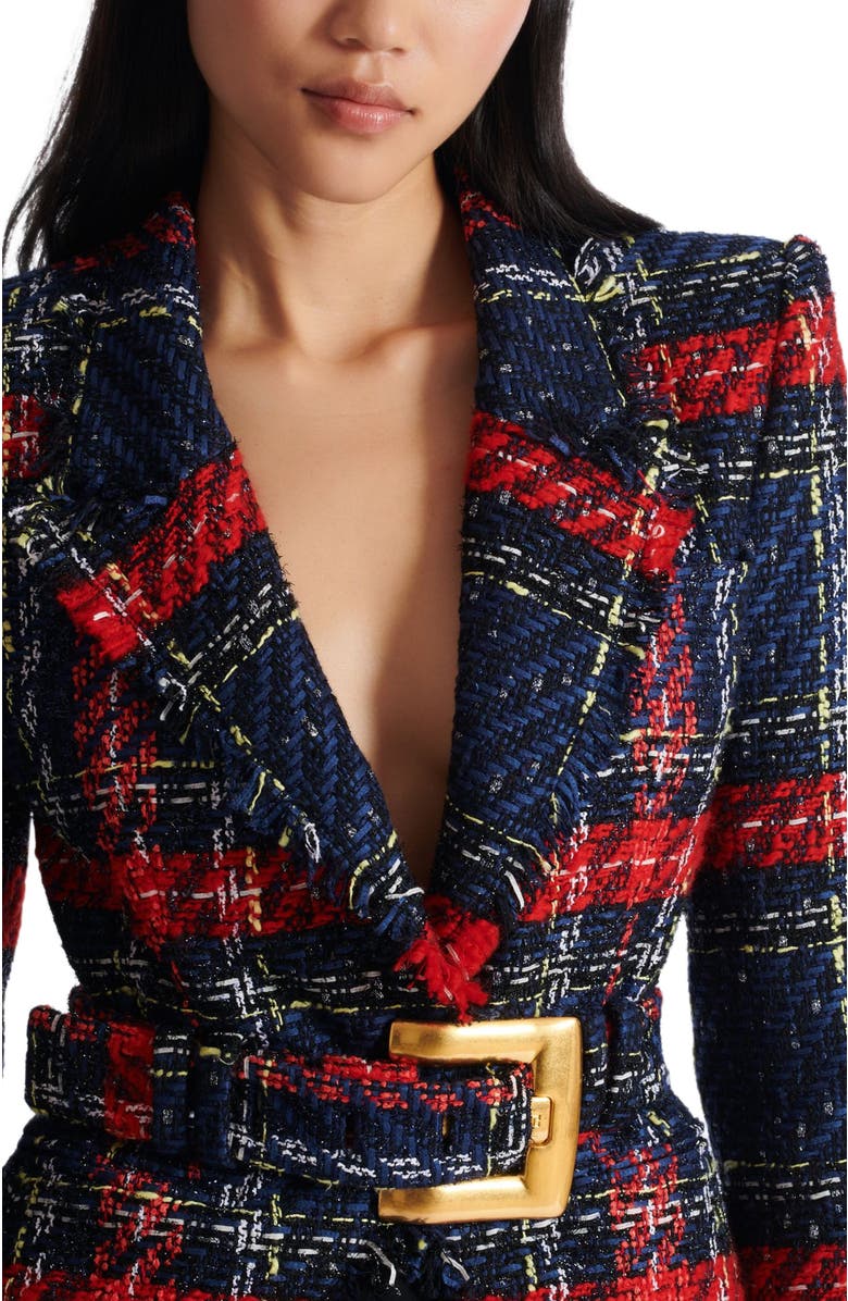Balmain Belted plaid tweed jacket, Alternate, color, Red