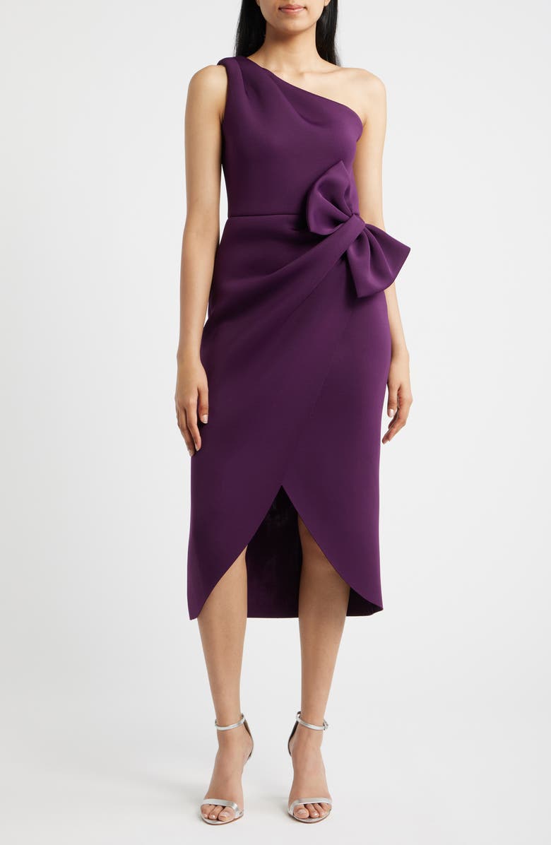 Eliza J Bow One-Shoulder Cocktail Dress, Main, color, Eggplant