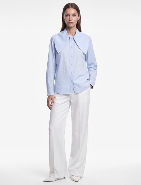 Long Sleeve Oversized Peter Pan Collar Shirt With Self-Tie Detail