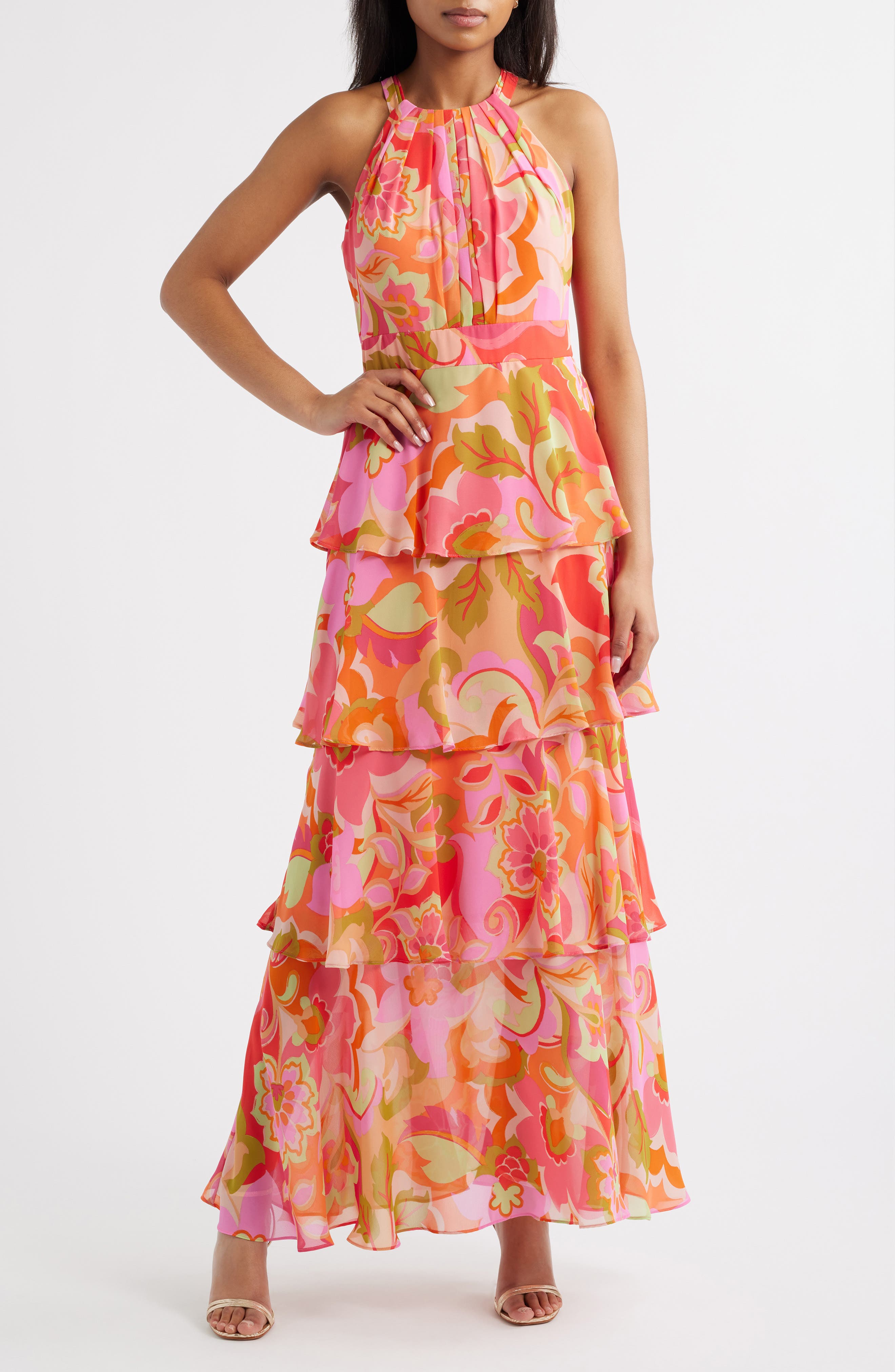 Eliza J Floral Print Tiered Ruffle Sleeveless Maxi Dress