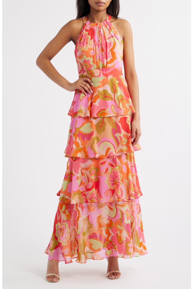 Floral Print Tiered Ruffle Sleeveless Maxi Dress, Main, color, MULTI PINK