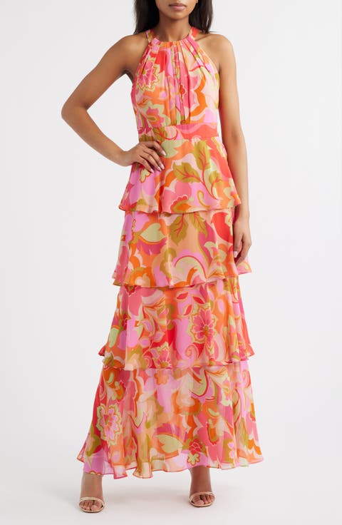 Floral Print Tiered Ruffle Sleeveless Maxi Dress