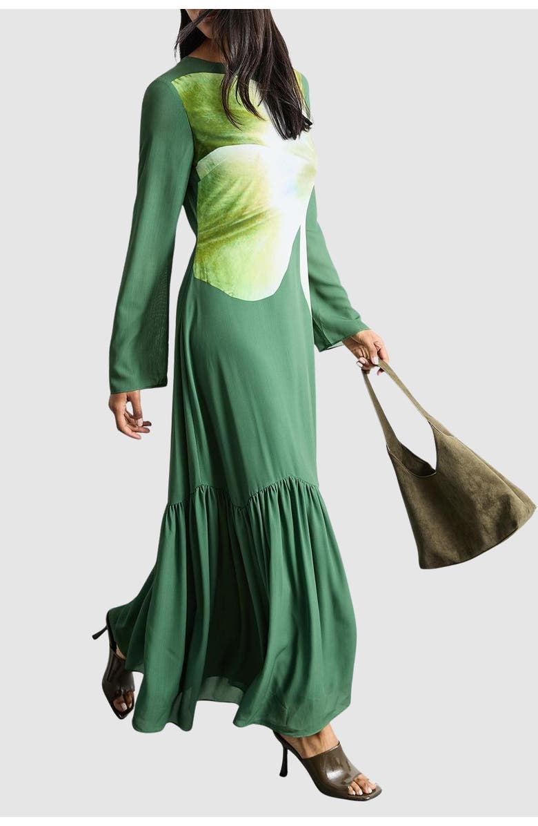 Warehouse Chiffon Placement Print Midaxi Dress, Alternate, color, Dark Green