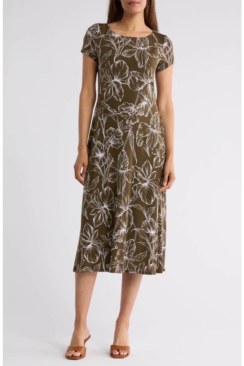 Floral Short Sleeve A-Line Midi Dress, Main, color, OLIVE