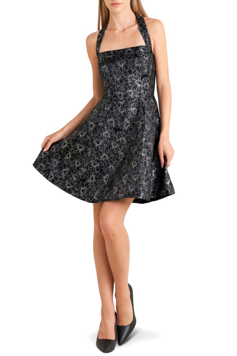 Metallic Print Halter Fit & Flare Minidress, Main, color, BLACK/ SILVER