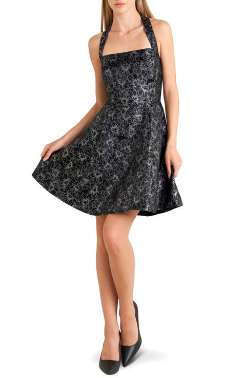 Metallic Print Halter Fit & Flare Minidress