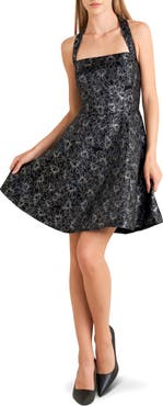 FREEMARKET Metallic Print Halter Fit & Flare Minidress