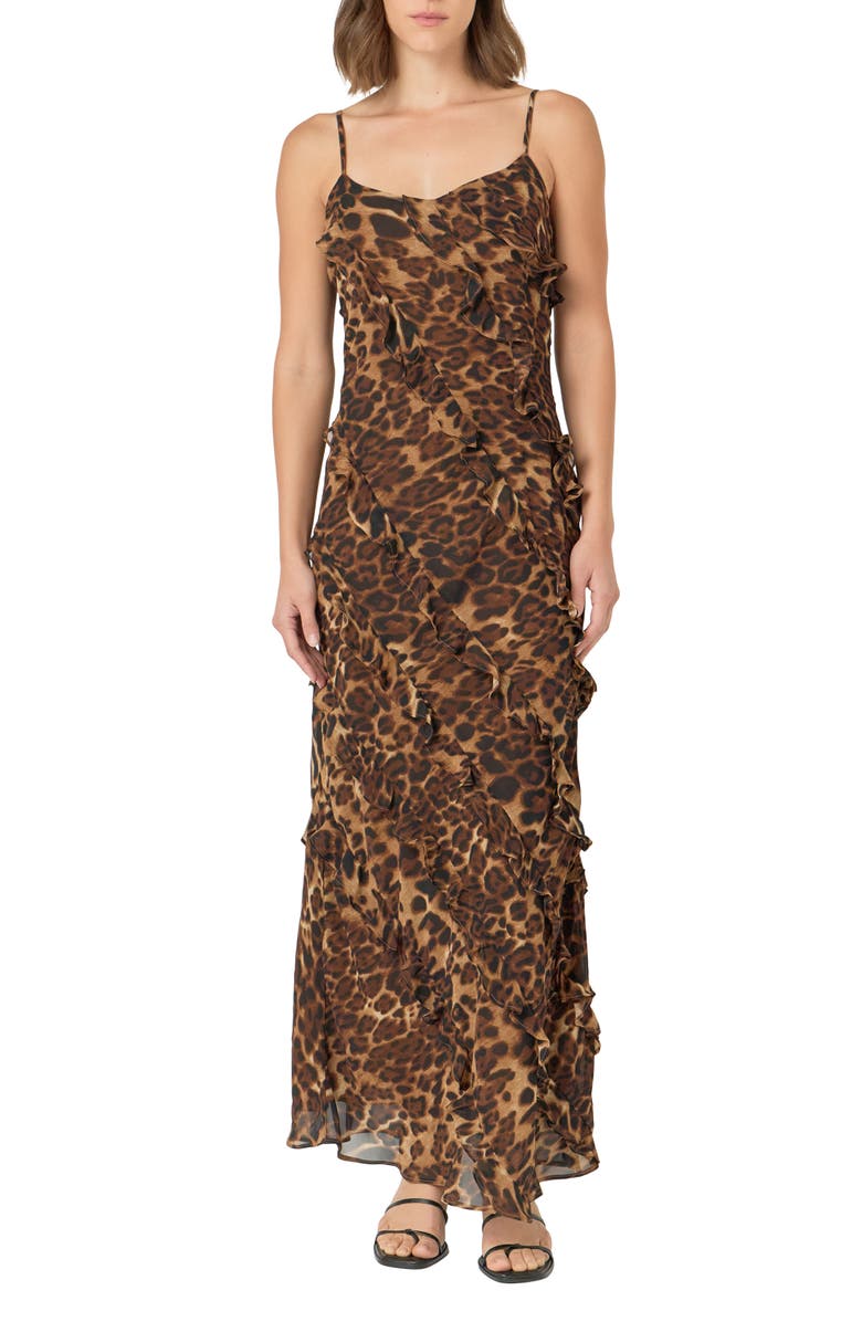 Endless Rose Leopard Print Ruffle Chiffon Maxi Dress, Main, color,
