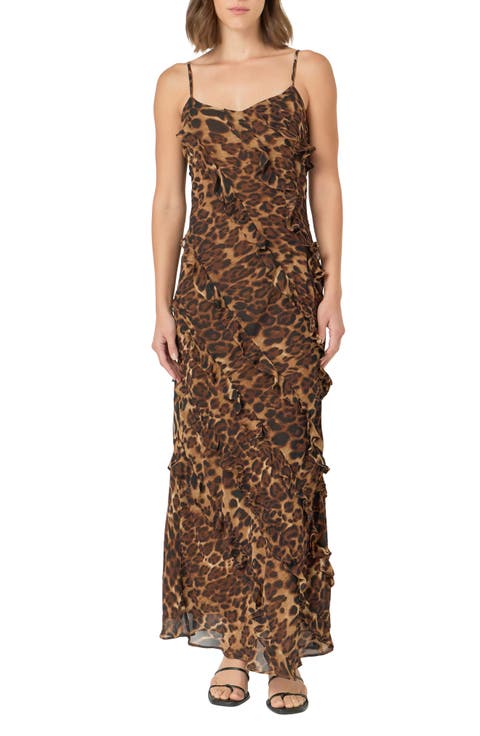 Leopard Print Ruffle Chiffon Maxi Dress