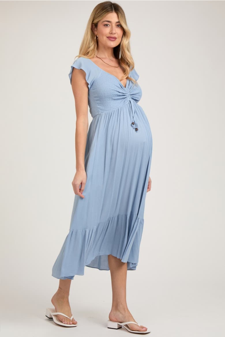 Smocked Ruched Ruffle Hem Maxi Dress, Alternate, color, Light Blue