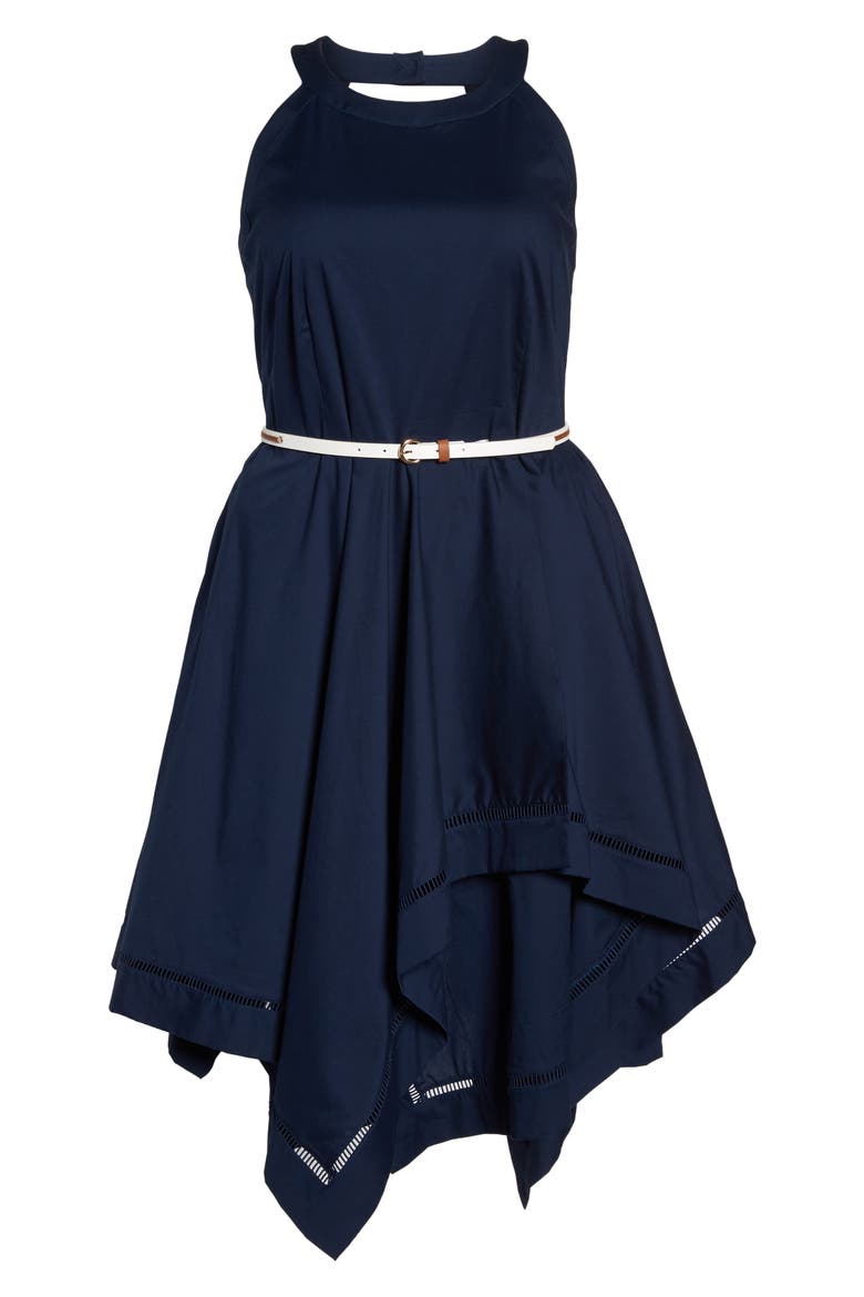 Handkerchief Hem Fit & Flare Dress, Alternate, color, NAVY