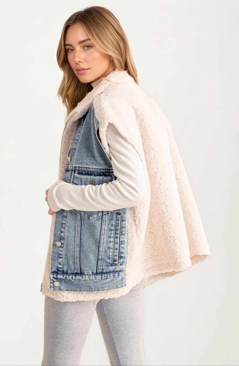 Knit and Lounge Sleeveless Denim and Fleece Snap-Pocket Vest, Alternate, color, 