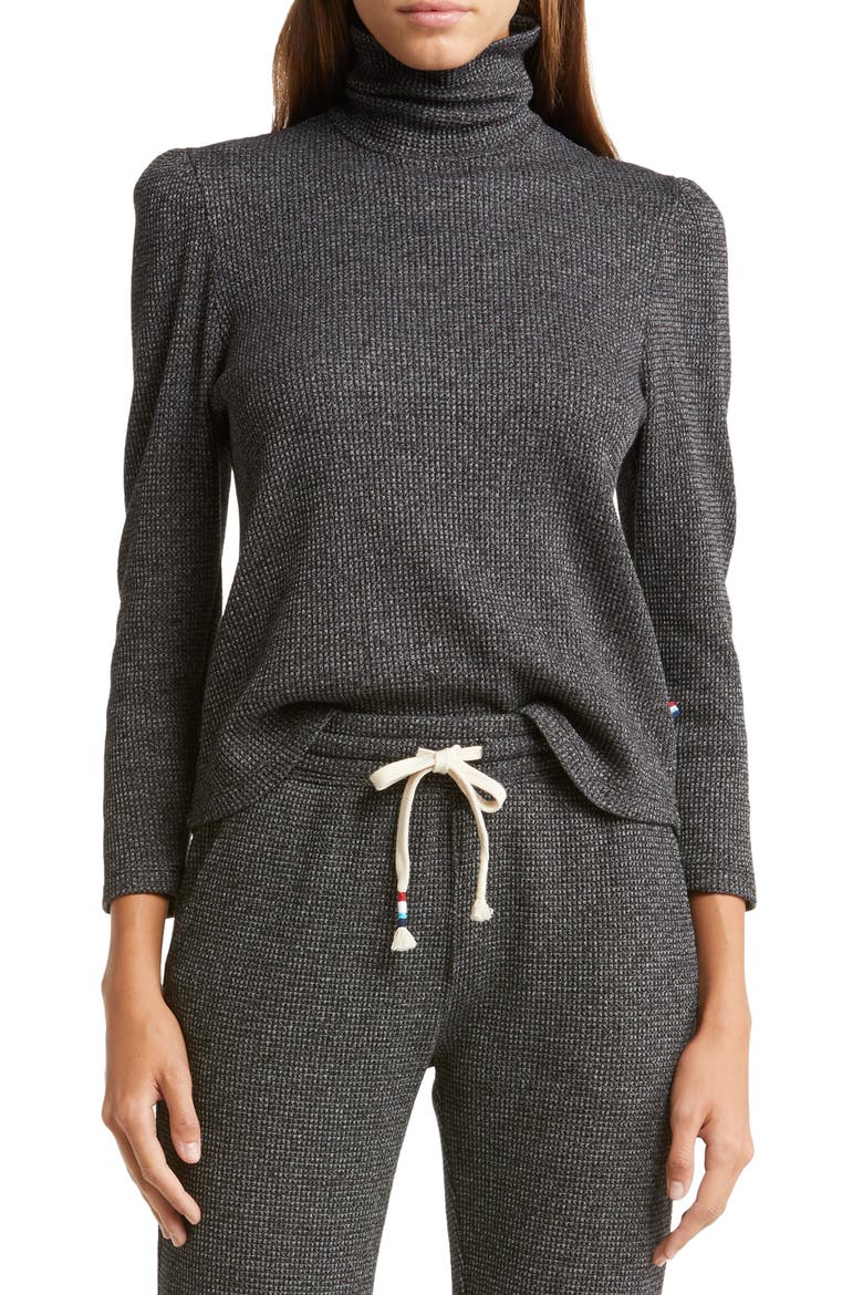 Puff Sleeve Thermal Knit Turtleneck Sweater, Main, color, BLACK