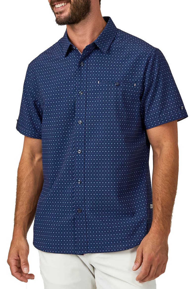 Liberty Geo Print Performance Short Sleeve Button-Up Shirt, Main, color, NAVY