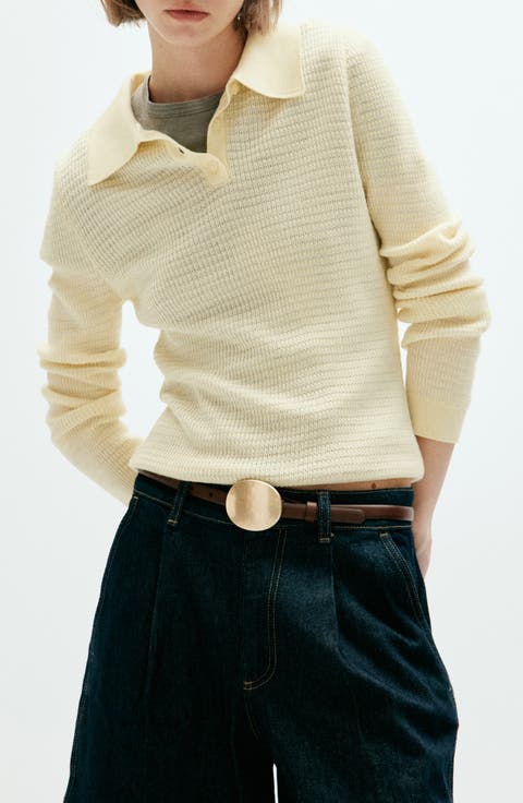 Pointelle Knit Polo Top