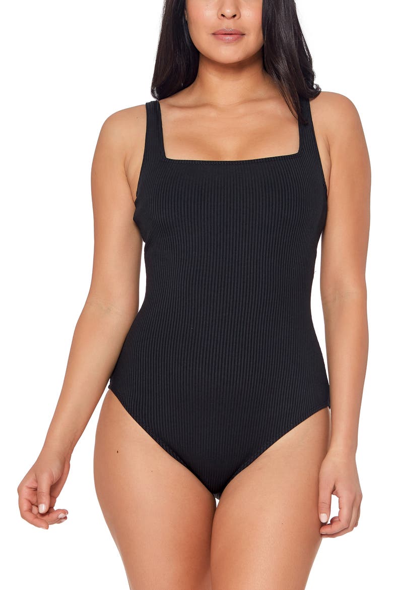 Walk Line Square Neck Underwire One-Piece Swimsuit, Main, color, BLACK