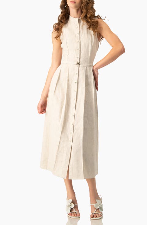 Linen Belted  Midi Shirtdress with Band Collar