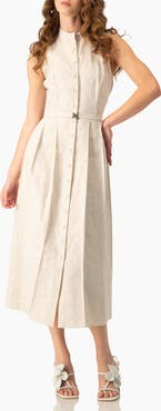 IVONNE Linen Belted Midi Shirtdress with Band Collar