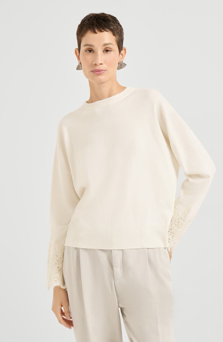 Brunello Cucinelli Sweater with wispy lace cuffs, Alternate, color, Panama