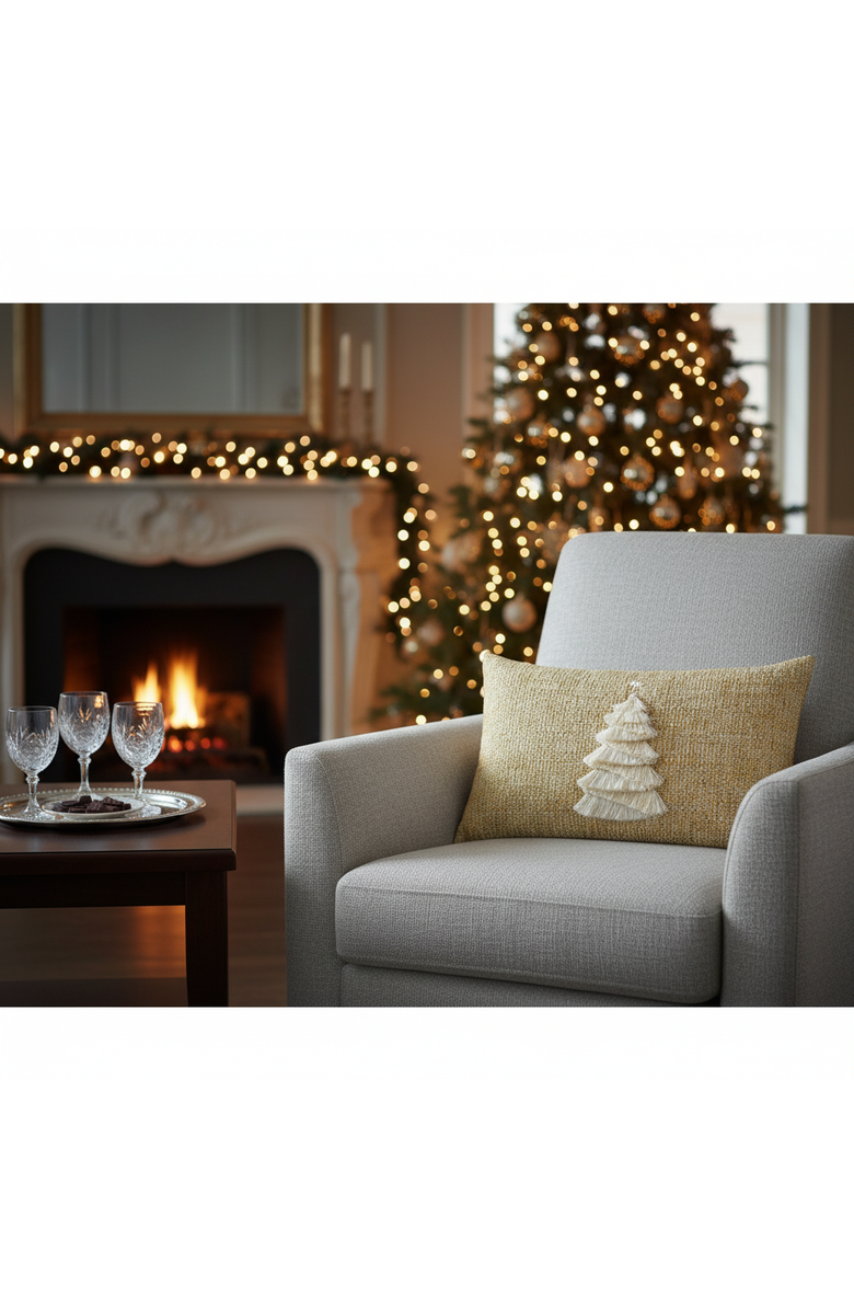 Elaine Smith Fraser Fir Handmade Applique Woven Accent Holiday Pillow, Alternate, color, Golden