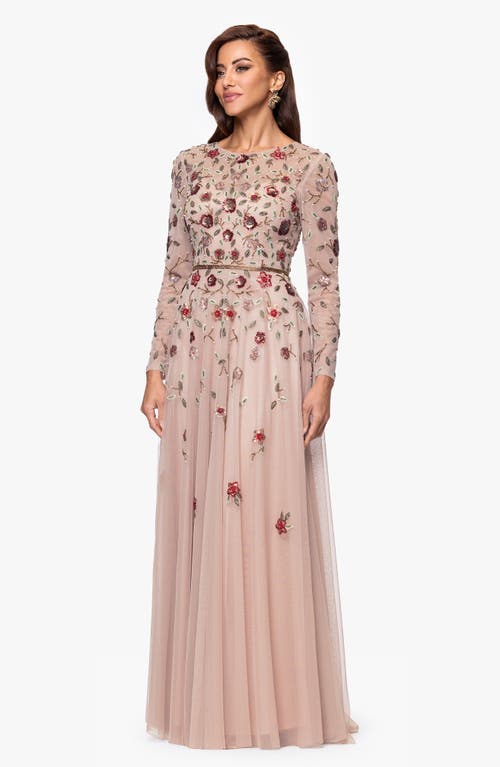 Xscape Evenings Beaded Long Sleeve Chiffon Gown In Pink