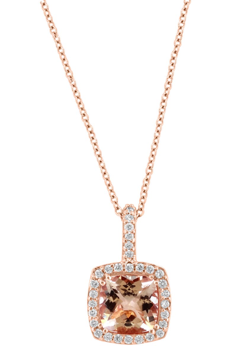 EFFY 14K Rose Gold Cushion Cut Morganite & Diamond Halo Pendant Necklace, Main, color, 