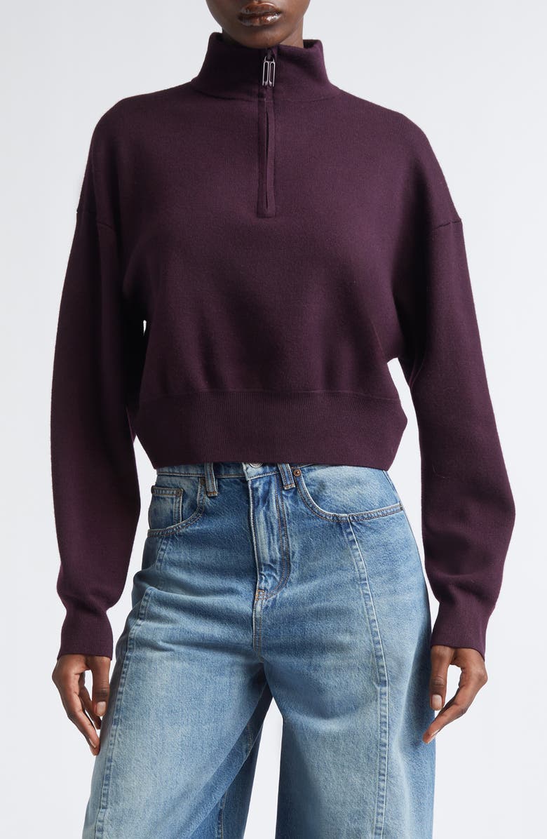 Victoria Beckham Merino Wool Blend Interlock Half Zip Sweater, Main, color, Merlot