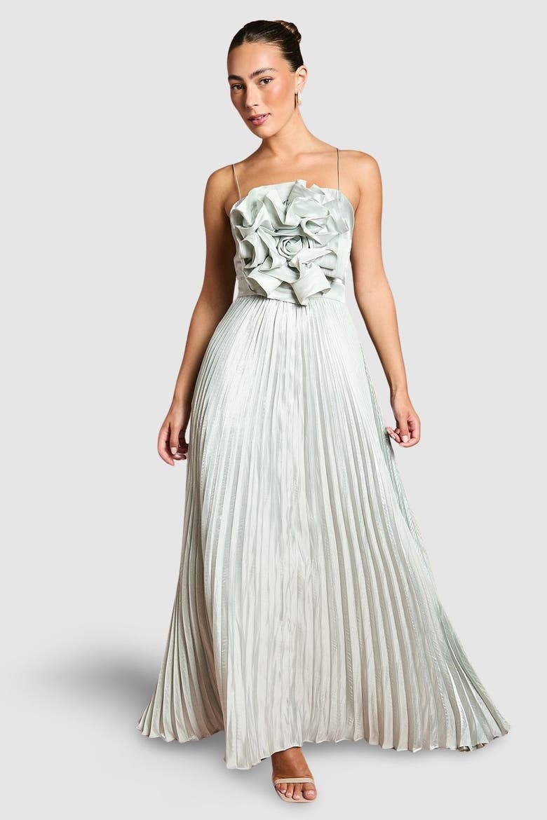 Metallic Pleated Corsage Maxi Dress, Main, color, Silver