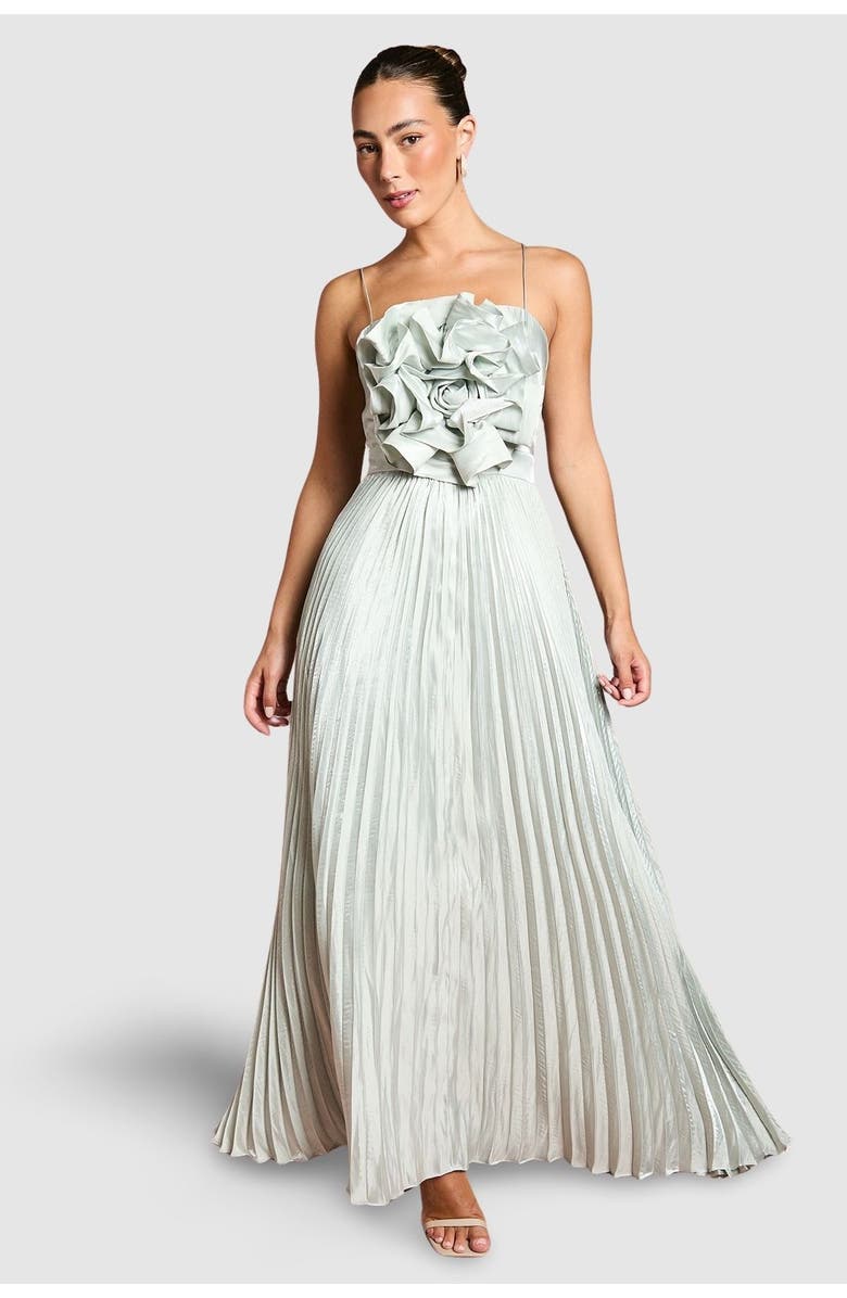 Coast Metallic Pleated Corsage Maxi Dress, Main, color, Silver