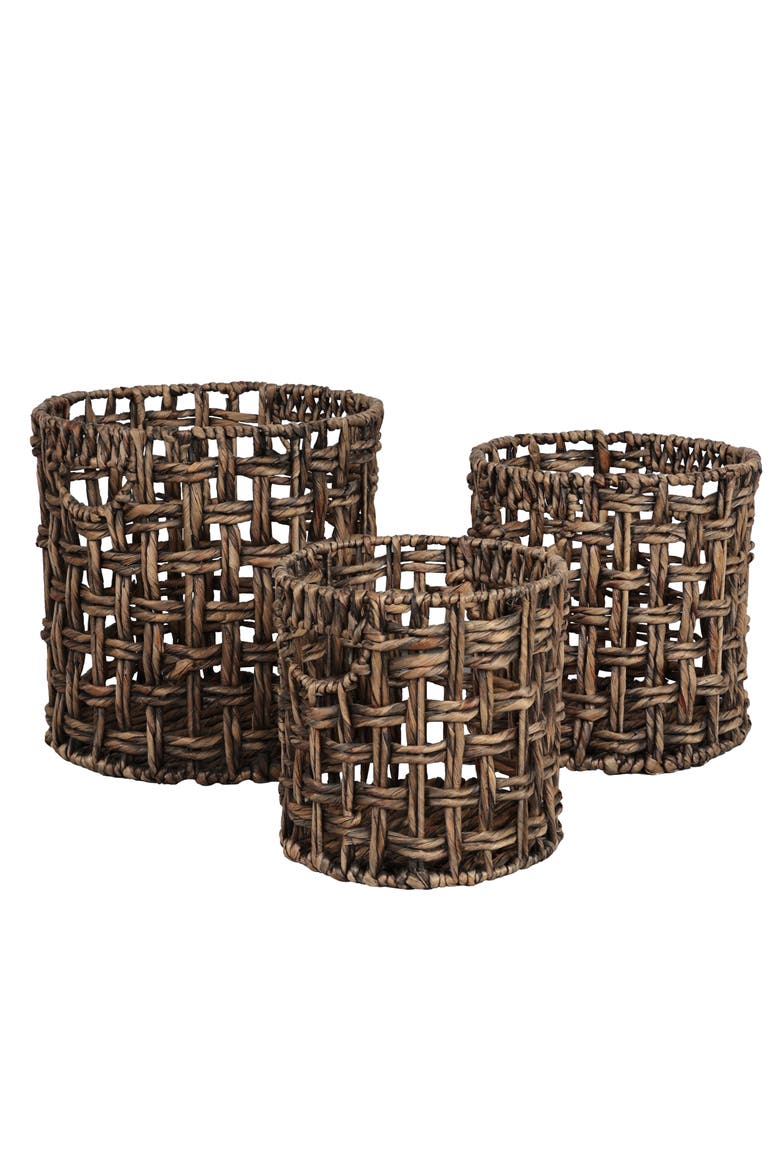 Lasuna Coastal Bohemian Water Hyacinth Handwoven Checker Weave Nesting Baskets with Handles, Main, color, Brown