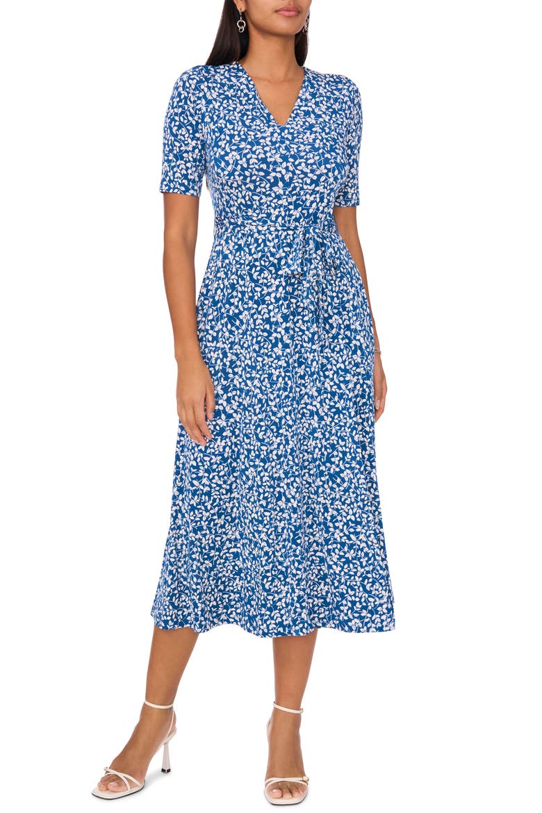Floral Wrap Front Midi Dress, Main, color, BLUE GREEN