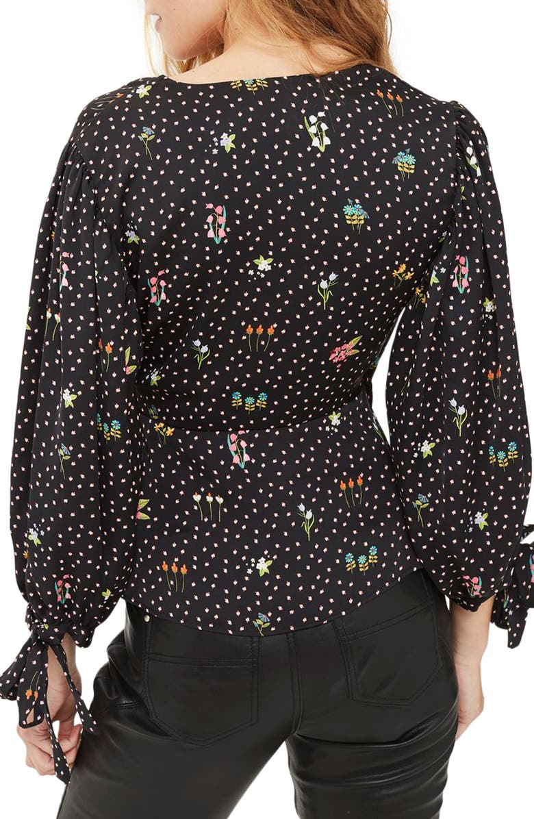 Topshop Floral Balloon Sleeve Wrap Blouse, Alternate, color,