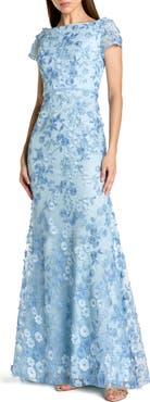 Mac Duggal Floral Applique Boat Neck Cap Sleeve Gown