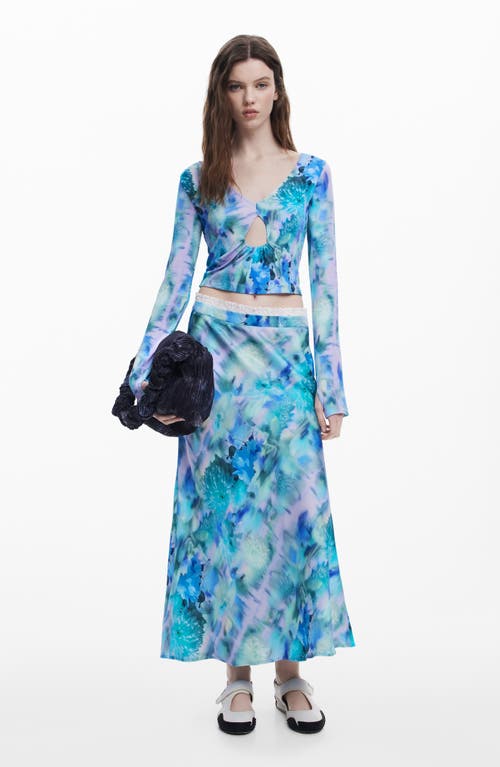Desigual Floral Rib Cotton Top In Blue