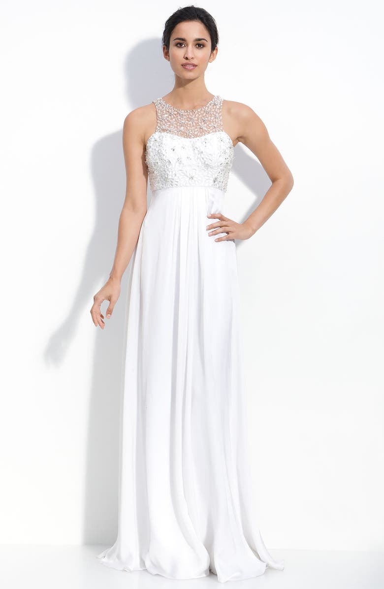 Theia Beaded Illusion & Silk Satin Faced Georgette Gown, Main, color, 