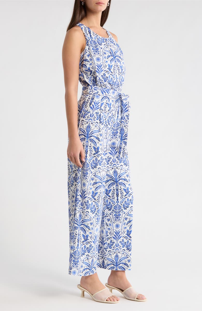 SUGARLIPS Romina Tropical Jora Belted Jumpsuit, Alternate, color, White Blue-Multi