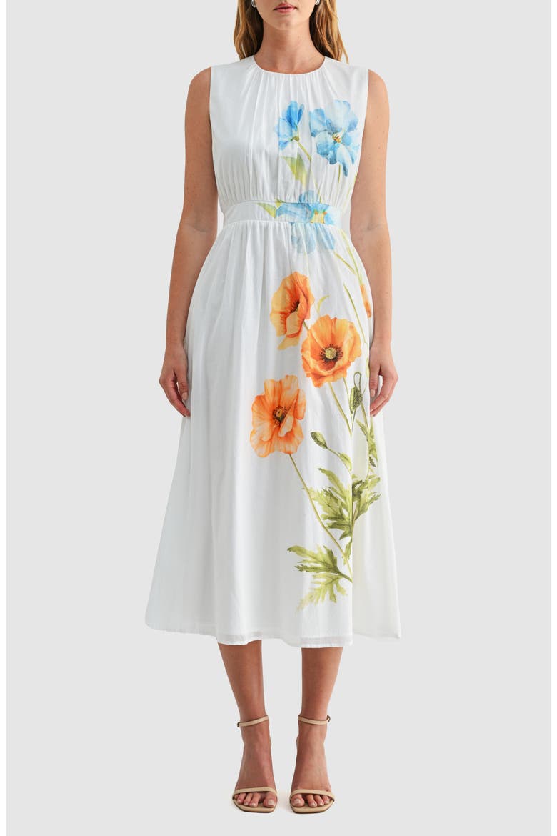 Floral Print Cinched Waist Sleeveless Midi Dress, Main, color, WHITE FLORAL
