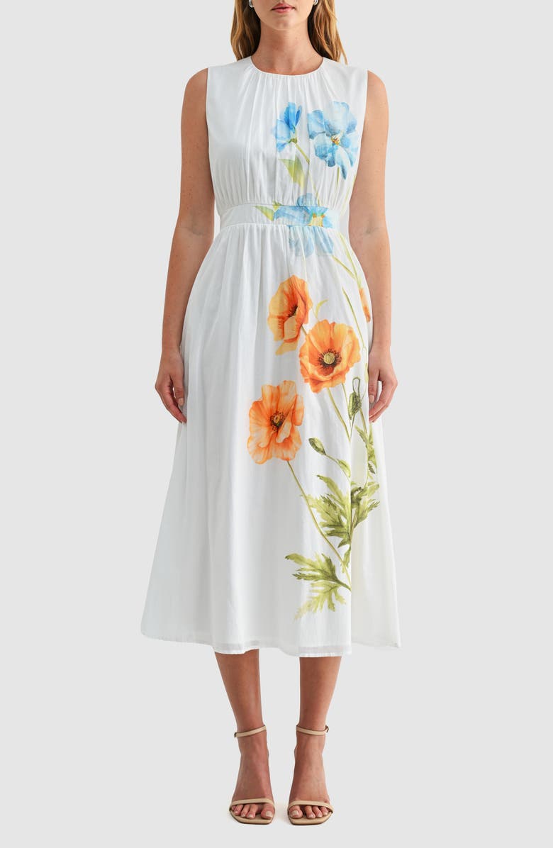 Mila Mae Floral Print Cinched Waist Sleeveless Midi Dress, Main, color, White Floral